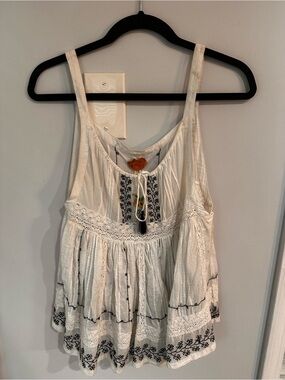 Free People Boho White Embroidered Tank Top